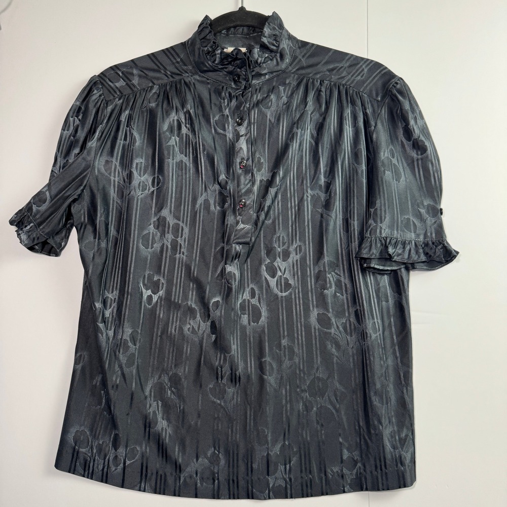 Max's Lady Vintage Black Satin Jacquard Ruffle Neck Whimsygoth Blouse Top